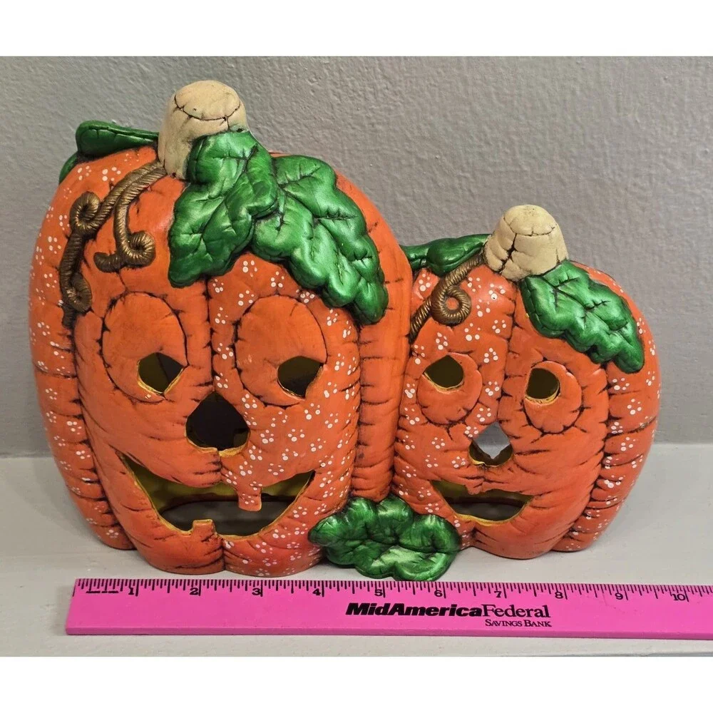 Vintage Ceramic Jack-O-Lantern Duo Halloween Pumpkin Decor 80s Hand Painted Prop